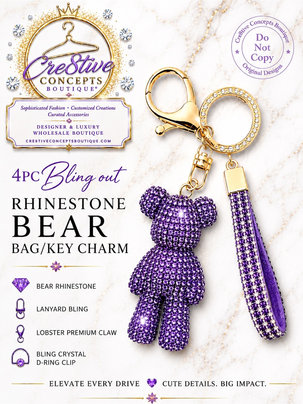 One-4PC Bling Out Rhinestone Bear Bag/Key Charm - Picture 4 of 5